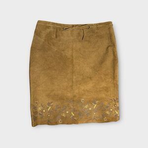 Suede Leather Midi Skirt Tan Brown 12 Y2K Western Boho Floral Vintage by Express